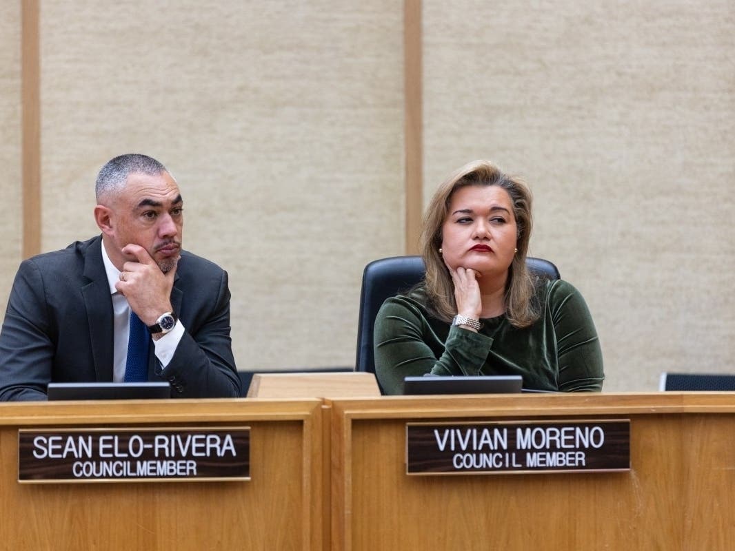 San Diego City Councilmembers Sean Elo-Rivera and Vivian Moreno listen as Mayor Todd Gloria delivers the State of the City Address, Thursday, Jan. 15, 2026. 