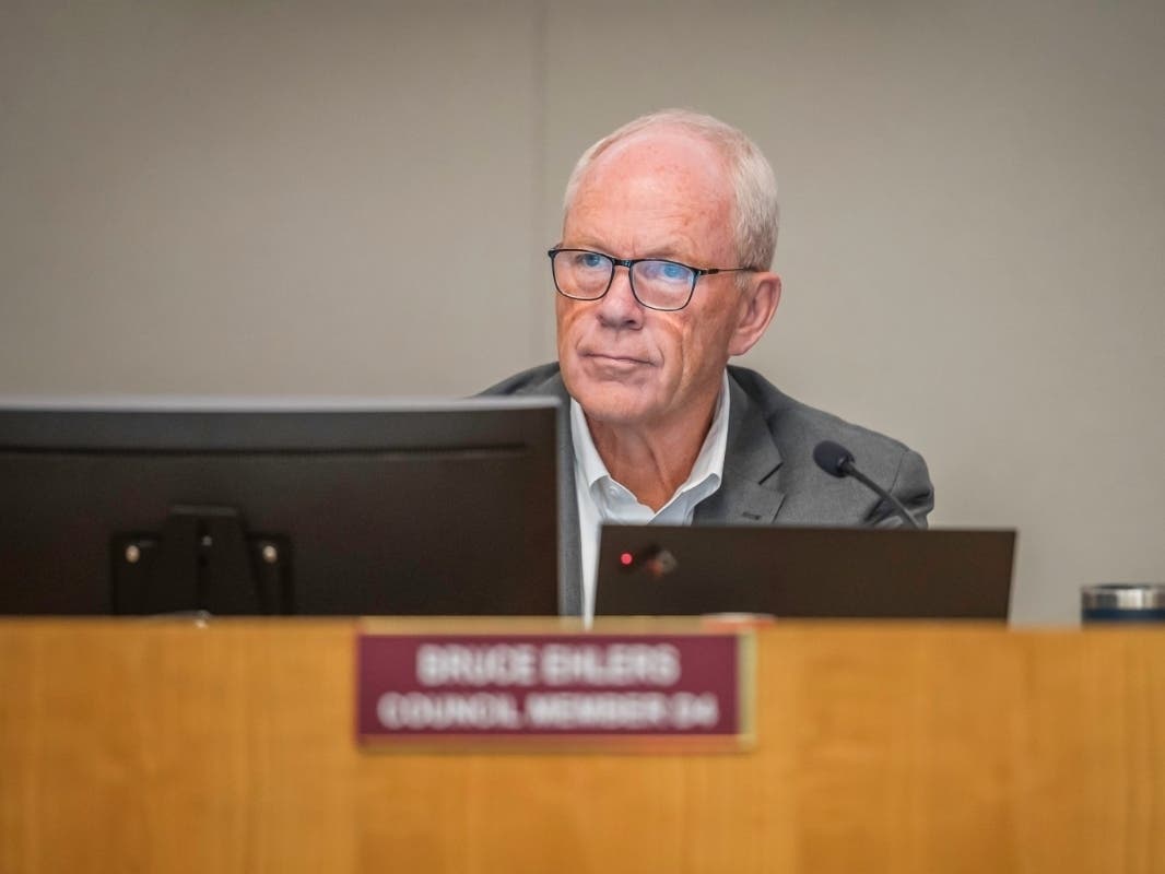 The Encinitas City Council held an open meeting at the Encinitas Council Chambers in Encinitas, California on Wednesday, September 25, 2024. File photo of Bruce Ehlers, now mayor, during the meeting. 
