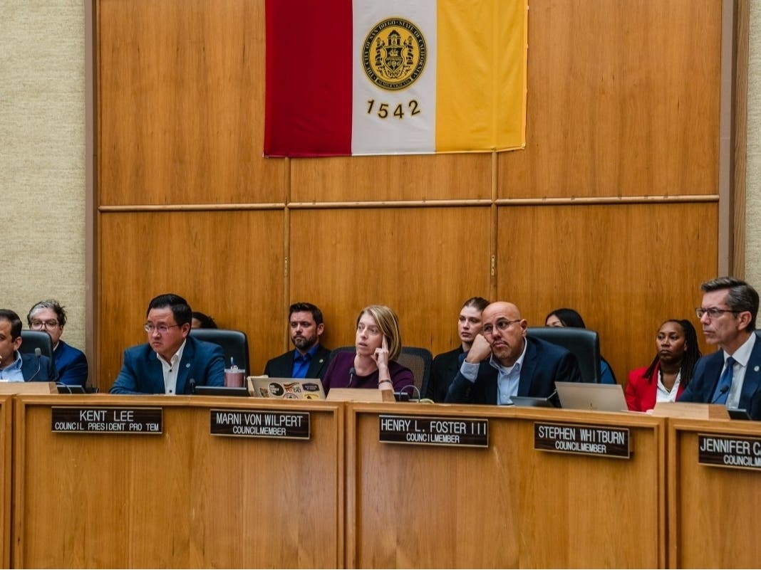 Council President Pro Tem, Kent Lee and Councilmembers Raul Campillo, Marni von Wilpert, Henry L. Foster III and Stephen Whitburn during a San Diego City Council meeting in downtown on Sept. 30, 2025. 