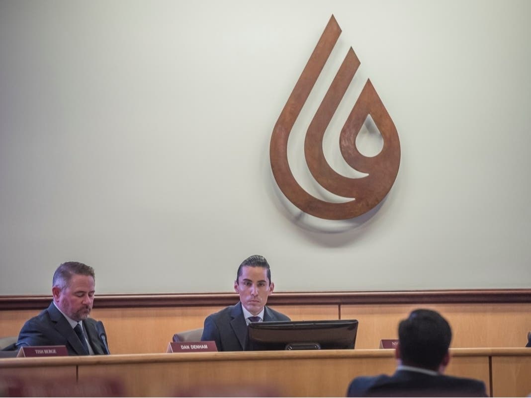 San Diego County Water Authority Board Chair Nick Serrano (C) and General Manger Dan Denham (L) during a meeting on Thursday, March 19, 2026. 