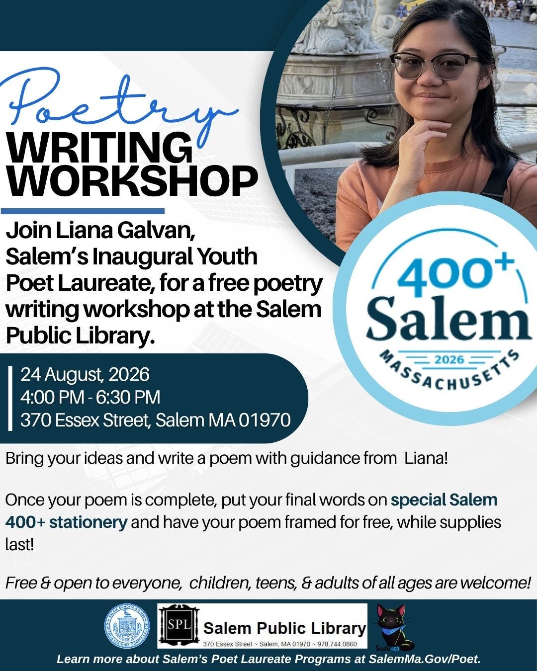 Poetry Writing Workshop for All Ages featuring Salem's Youth Poet Laureate Liana Galvan