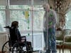 Joan Remer (resident) and her son Jason Remer chat with each other.*
 
* Residents who are negative for COVID-19 but haven't received both vaccine doses use plexiglass dividers when visiting with family, 