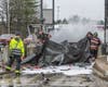 EV Vehicle Crashes Into Bedford Toll Plaza Bursting Into Flames