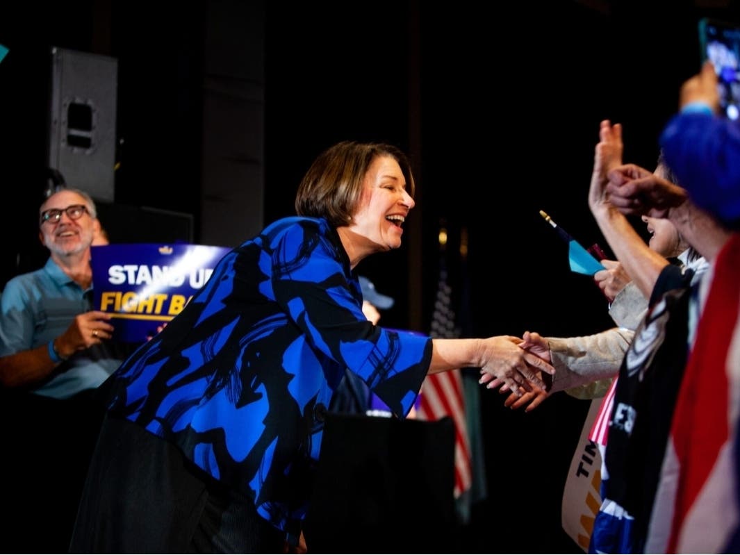 Sen. Amy Klobuchar greets supporters before speaking at the launch rally for Gov. Tim Walz’s third gubernatorial campaign at The Depot in Minneapolis, Friday, Sept. 19, 2025. 