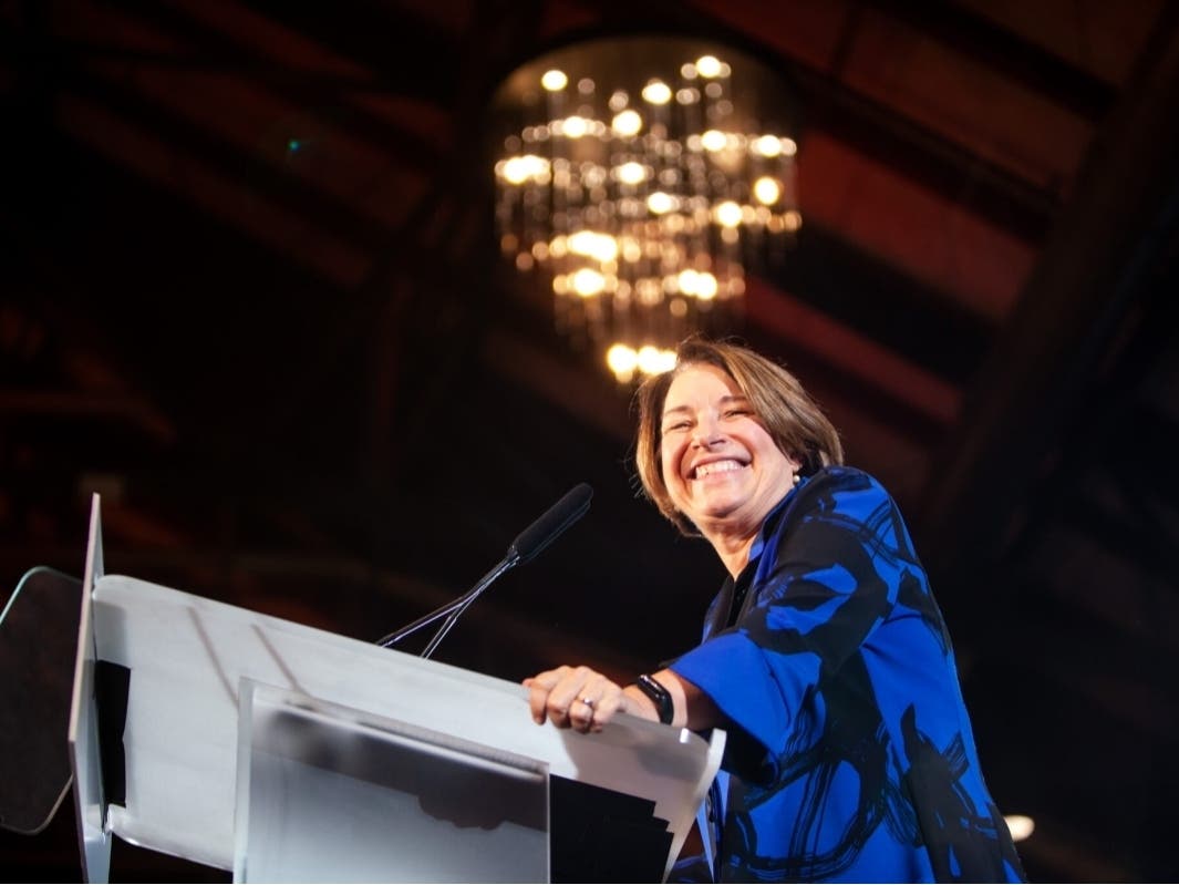 Sen. Amy Klobuchar speaks at the launch rally for Gov. Tim Walz’s third gubernatorial campaign at The Depot in Minneapolis Friday, Sept. 19, 2025. Walz dropped out in January, and Klobuchar is now a candidate for governor. 