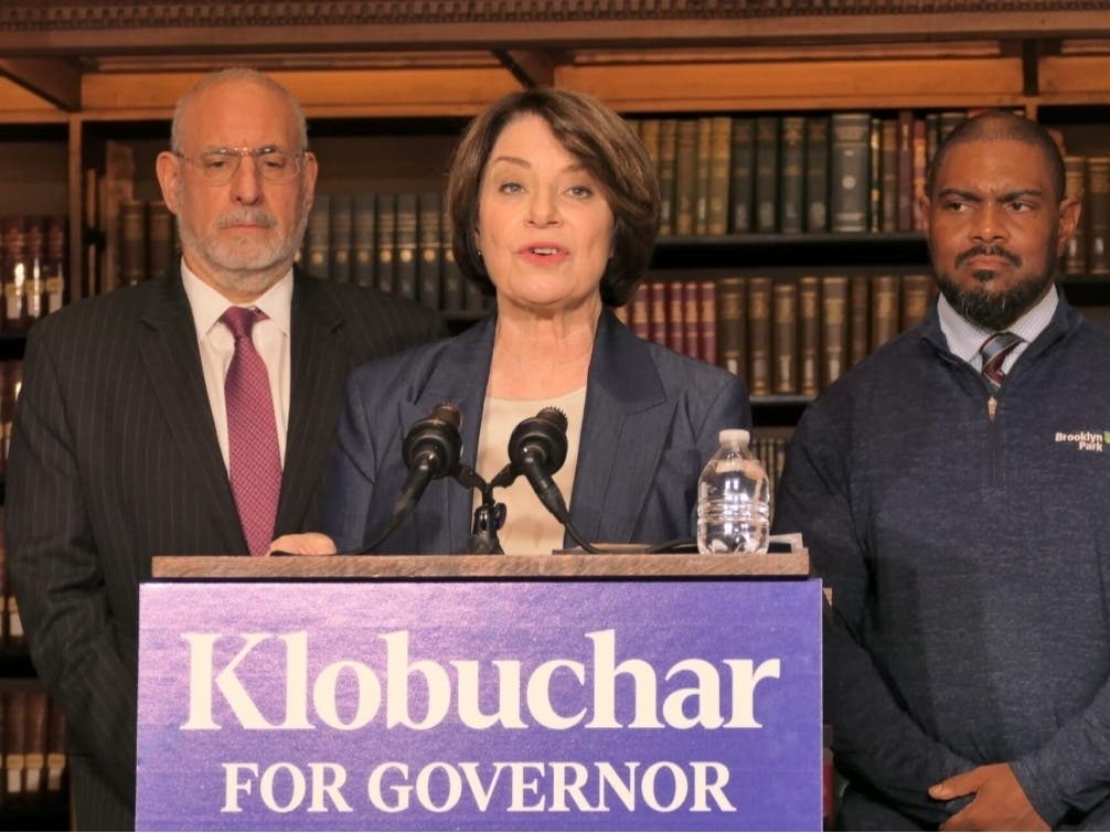 Sen. Amy Klobuchar held her first press conference in her campaign for governor in St. Paul’s former James J. Hill Reference Library on May 3, 2026.