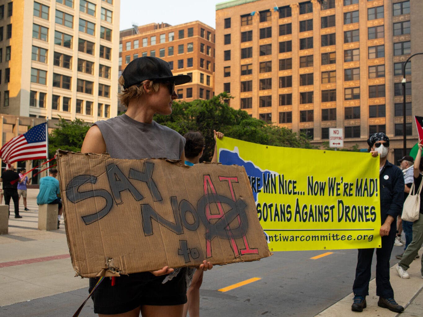 Demonstrators gather outside of the Diane E Murphy federal courthouse ahead of a Minneapolis City Council hearing concerning a proposed “drones as first responders” pilot program Wednesday, July 15 2026. (Photo by Nicole Neri/Minnesota Reformer)