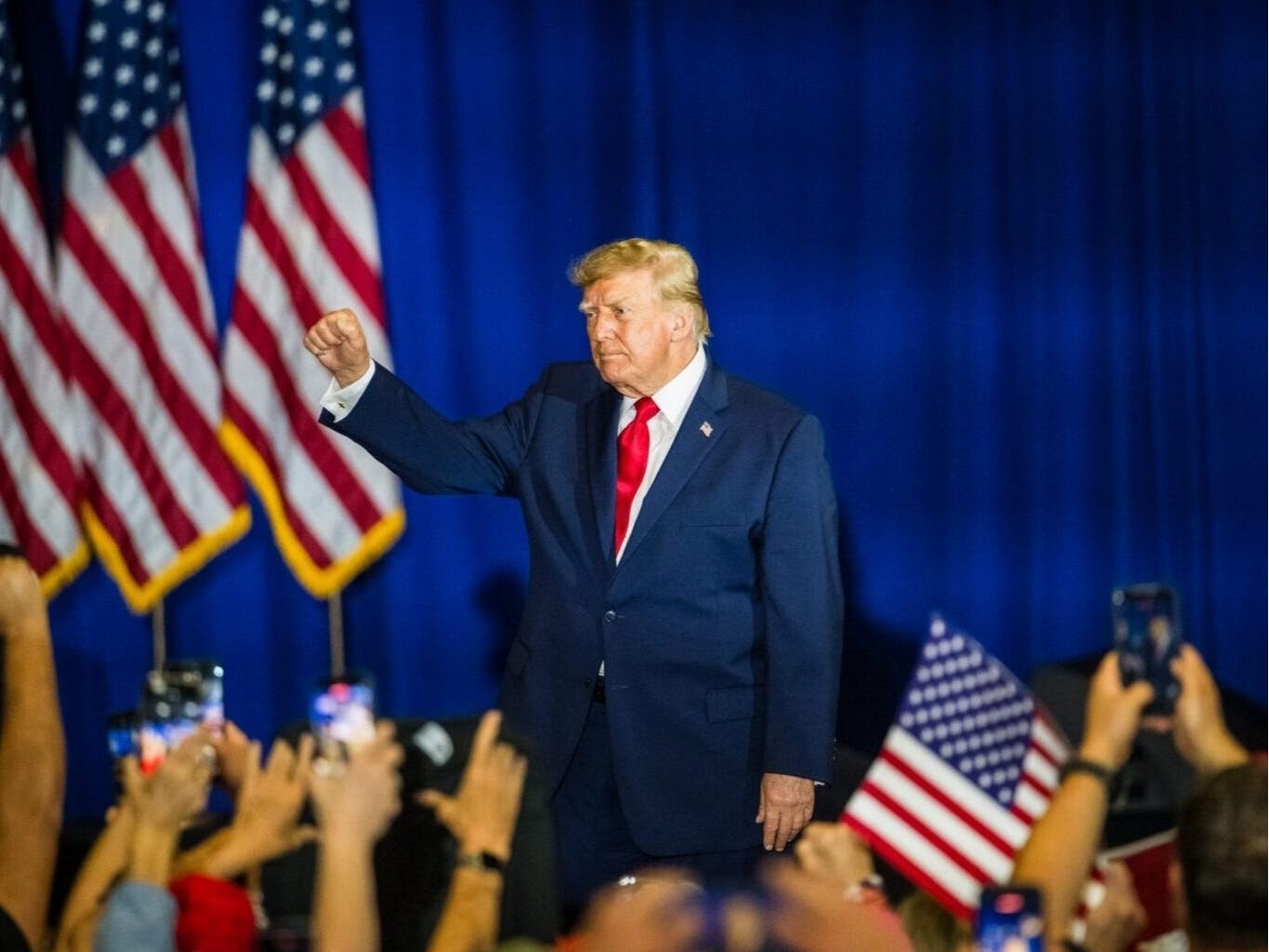 President Donald Trump gestures as he exits the stage during a midterm election rally at the Choctaw Event Center on Oct. 1, 2026, in Durant, Oklahoma. 