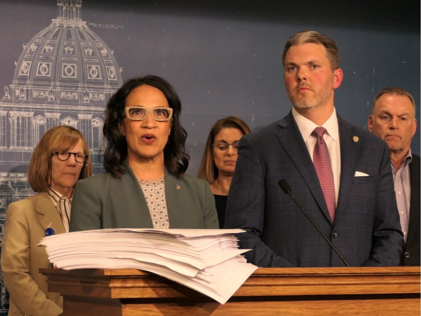 House Minority Leader Lisa Demuth and Senate Minority Leader Mark Johnson spoke at a press conference shortly after the legislative session ended on May 20, 2024.