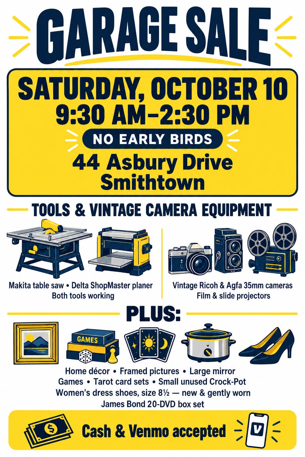 Garage Sale- tools, 35mm cameras, slide and film projectors, womens shoes size 8.5 and much more