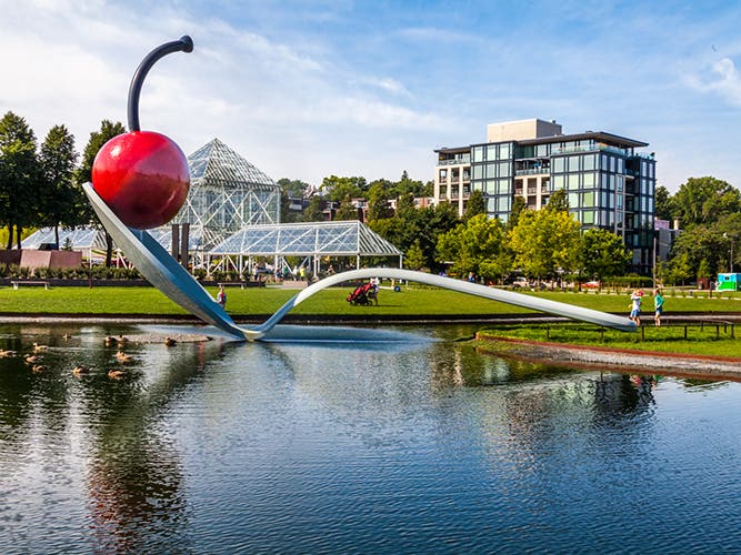 Photo of the “Spoonbridge and Cherry” sculpture in the Minnesota Sculpture Garden at the Walker Art Center.