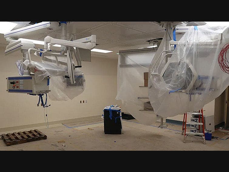 Equipment is being installed in the future hospital’s surgery center. Here is equipment waiting for use in one of the two specialty operating rooms.