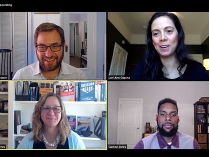 Speakers at the UC Berkeley Opportunity Lab online event on COVID-19 and the U.S. social safety net were Jesse Rothstein (top left); Lori Ann Ospina (moderator, top right); Damon Jones (bottom right); and Hilary Hoynes (bottom left).