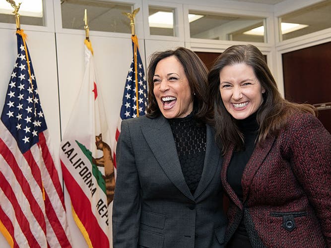 U.S. Senator and 2020 Democratic vice presidential candidate Kamala Harris and Oakland Mayor Libby Schaaf in January 2020. Harris has been called the inspiration for Emerge California, a training program for women leaders, of which Schaaf is an alumna. 