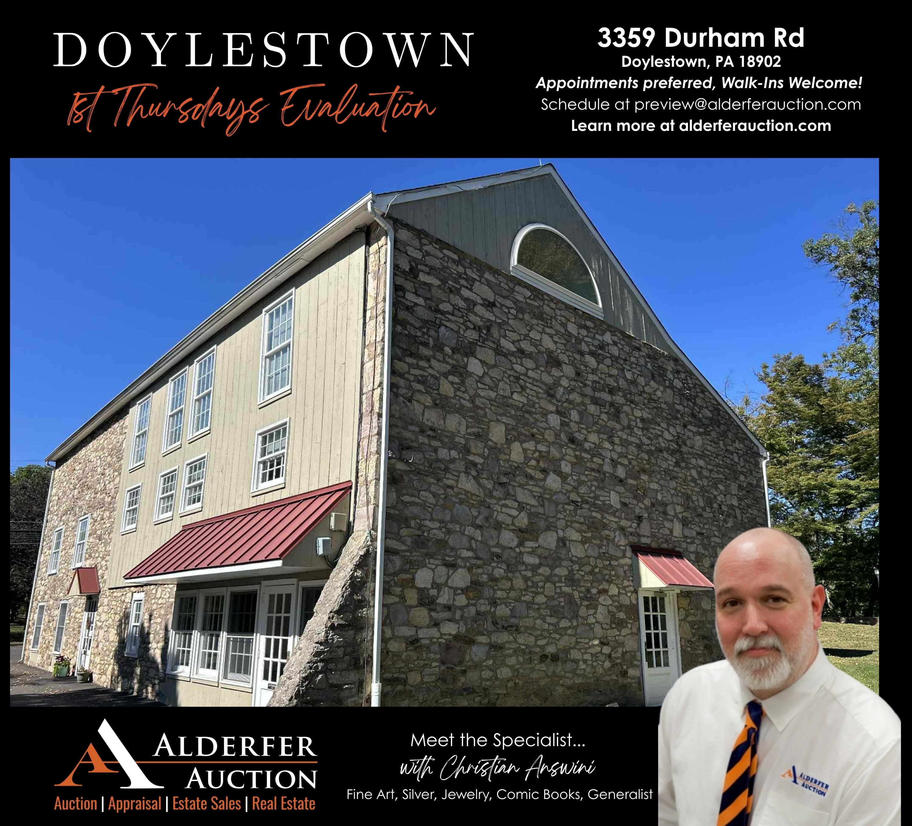 1st Thursday at Alderfer Auction Doylestown - Evaluations with Fine Art Specialist Christian Answini