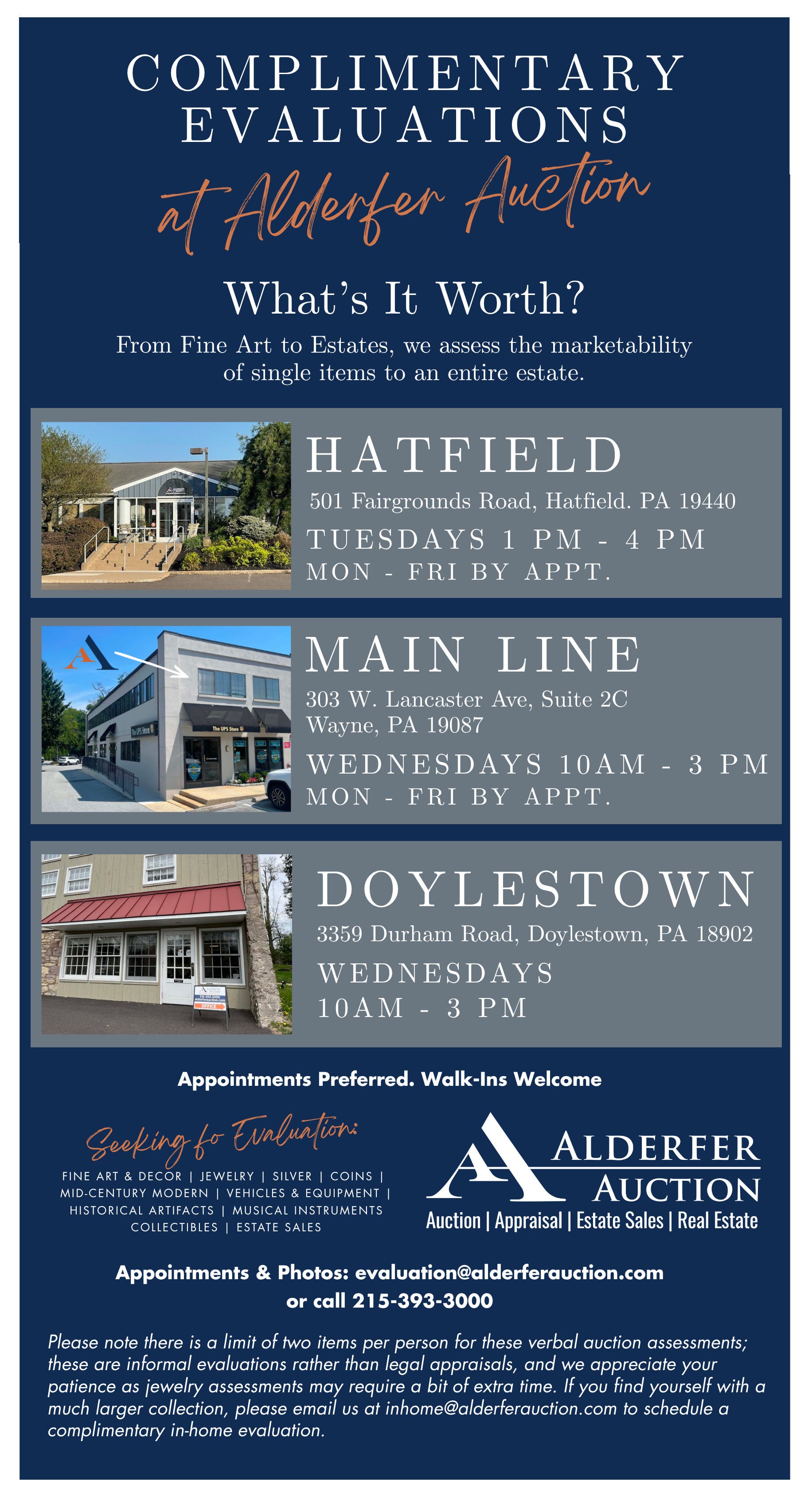 Complimentary In-Office Evaluations at Alderfer Auction