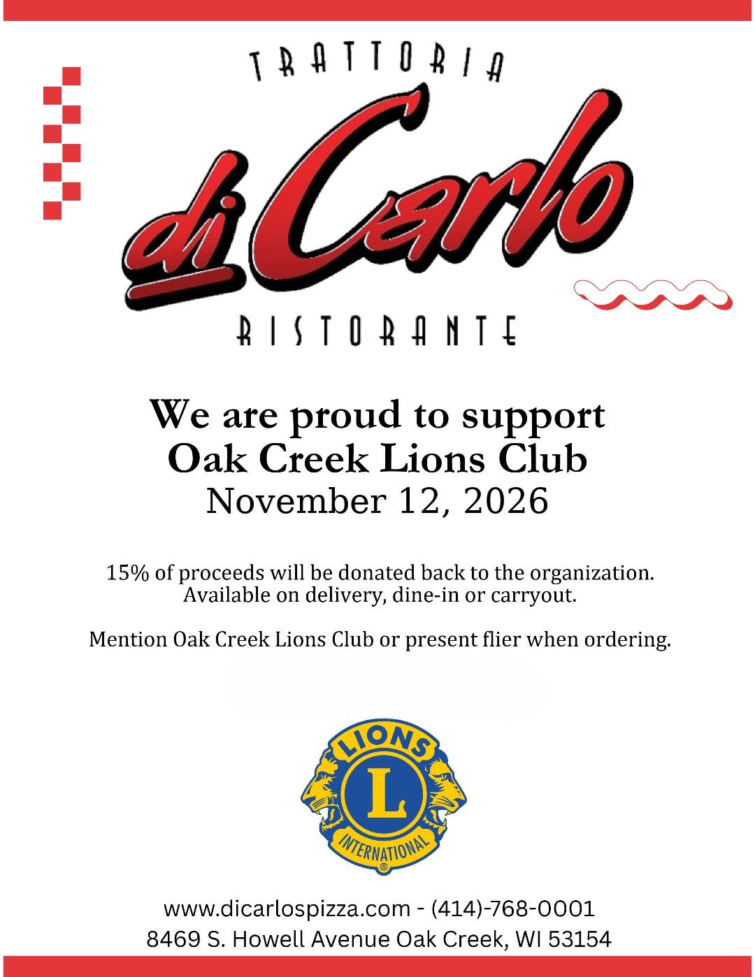 Dine to Donate for the Oak Creek Lions
