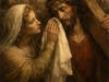 St Veronica meets Jesus showing kindness by wiping the blood and sweat on his face.