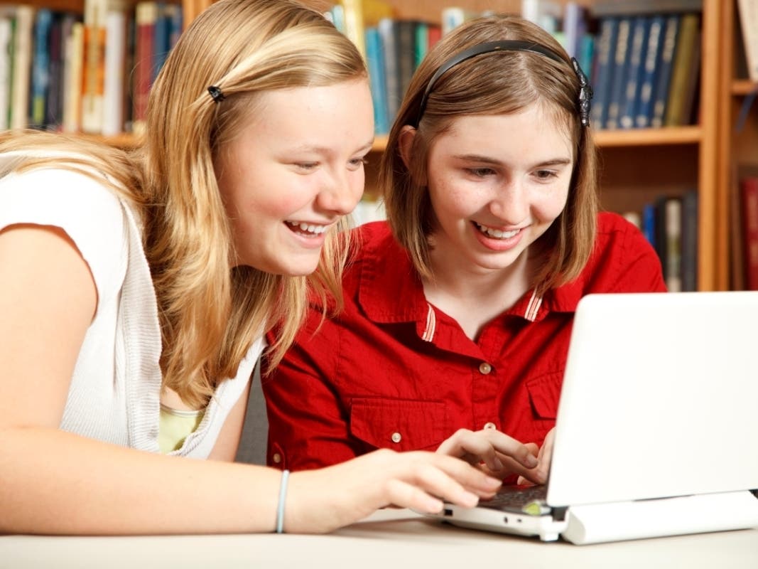 teenager, teen, girls, friends, school, homework, library, education, books, bookshelves, reading, learning, classroom, studying, student, b