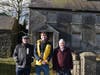 Patrick Brady, Michael Carolan and Johnny Brady, current owner, in front of the home of author's great-great grandfather.