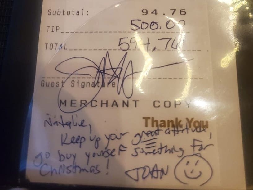 An 18-year-old server at the Spotted Fox in St. Charles recently received an early Christmas gift in the form of a $500 tip left by a generous patron of the restaurant. 