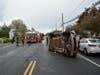 One person was transported a local hospital Wednesday after a two-car crash in Hicksville that left one car on its side.