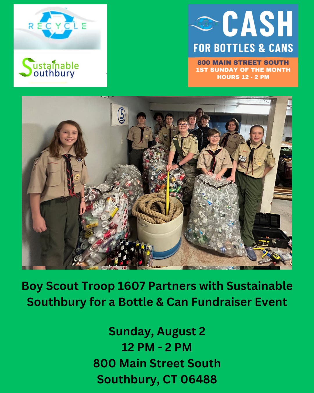 Boy Scout Troop 1607 Partners with Sustainable Southbury for Bottle & Can Fundraiser