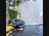 A BMW hits a fire hydrant and tree on Sunset Boulevard and Bedford Drive