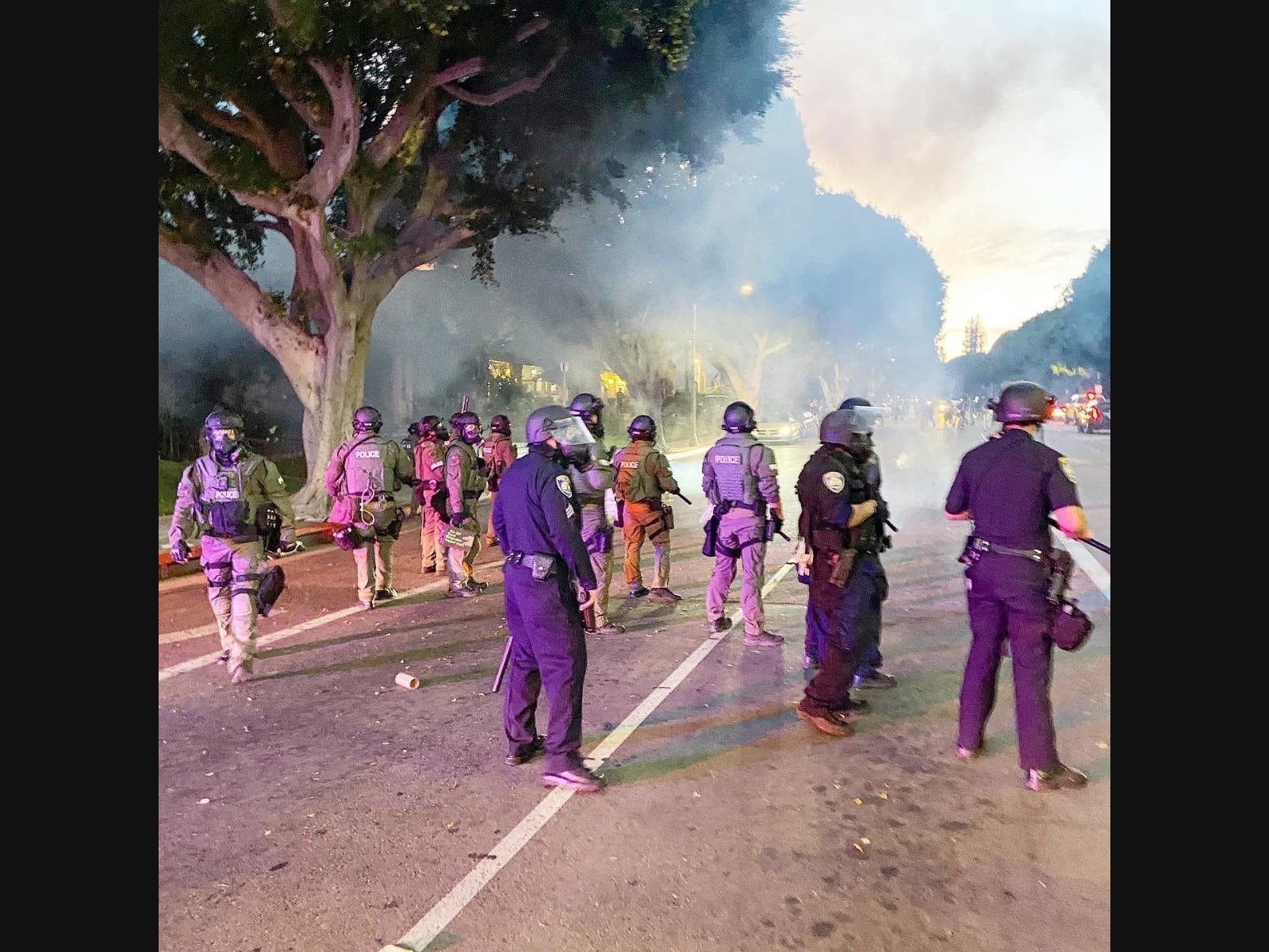 Beverly Hills Police confront protesters on Saturday.