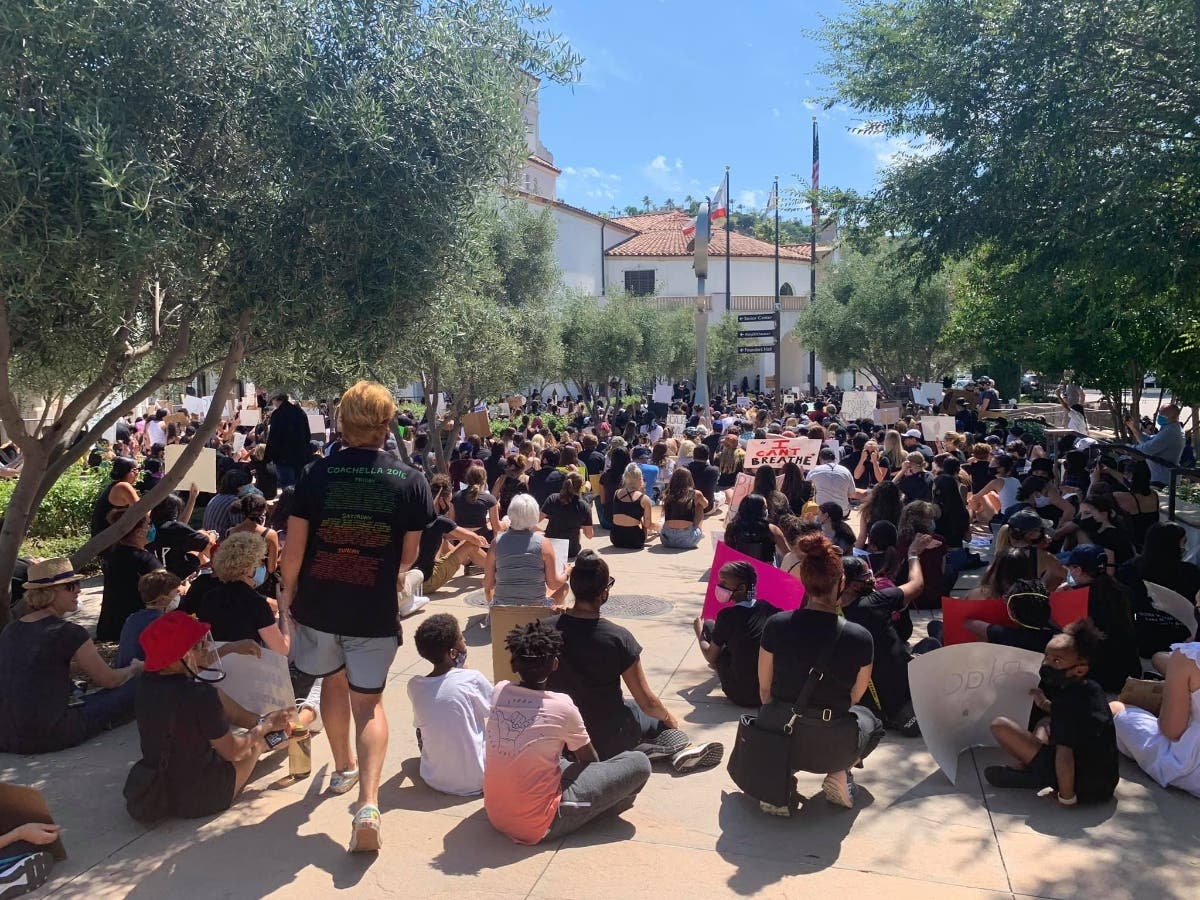Protesters gather in front of Calabasas City Hall in June following the death of George Floyd.