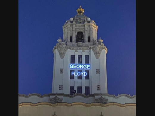 Beverly Hills City Hall lit up with George Floyd's name in June.