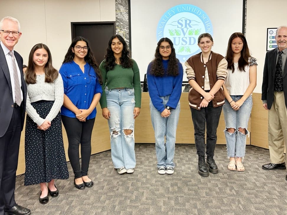 Award-winning writers are honored by SRVUSD Superintendent John Malloy and SRVUSD Board President Ken Mintz.