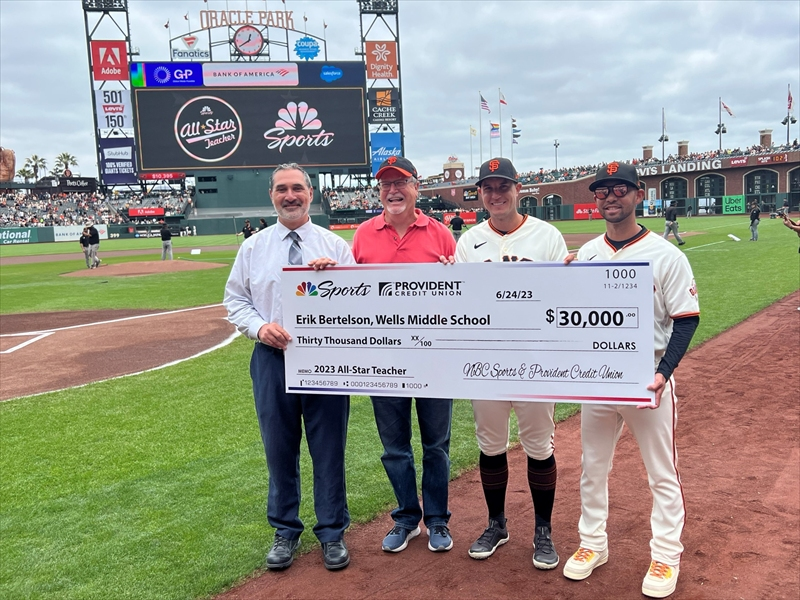 Wells Middle School teacher Erik Bertelson received $30,000 at Oracle Park after being named NBC Sports' 2023 All-Star Teacher.