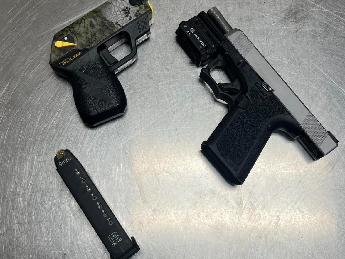 Officers say they found a loaded handgun and Axon Taser Pulse inside the car of David Hutchinson, 37, of Modesto.