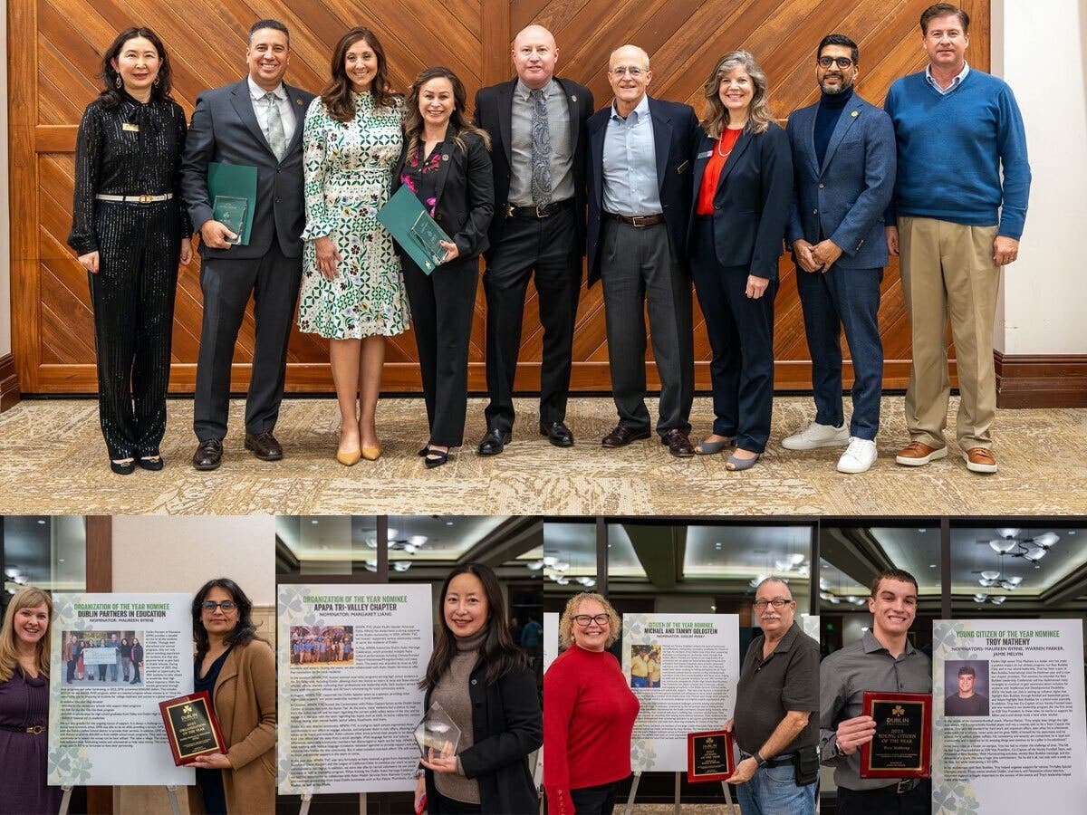 Clockwise: Mayor's Award winners, Young Citizen of the Year Troy Matheny, Citizens of the Year Michael and Tammy Goldstein, Organization of the Year nominee APAPA Tri-Valley Chapter, Organization of the Year Dublin Partners in Education 