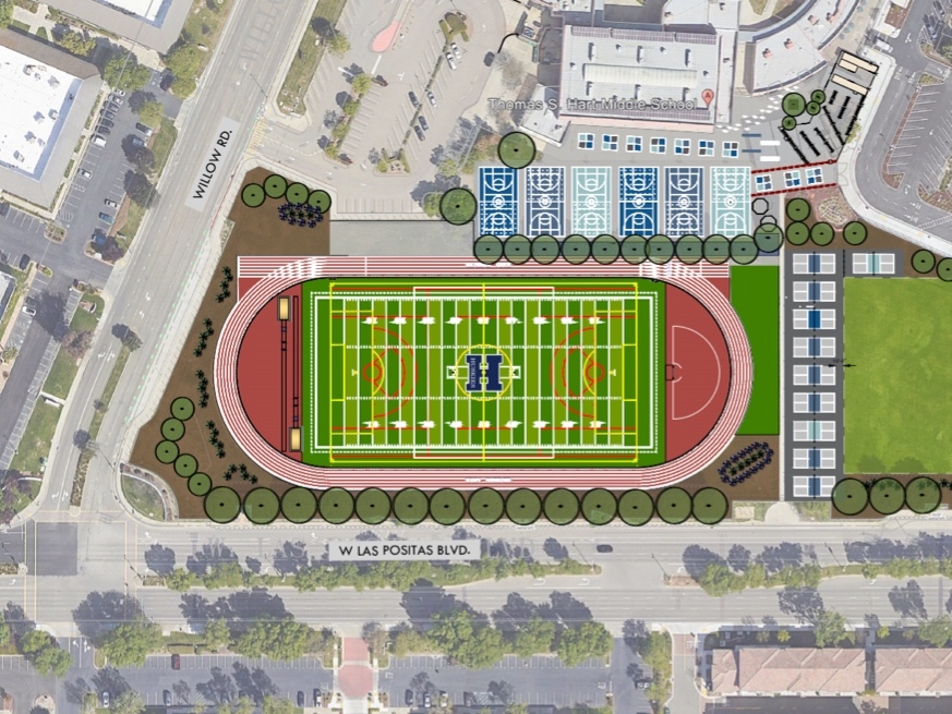 A rendering of Hart Middle School's new turf field, multi-sport grass field, running track, and more.