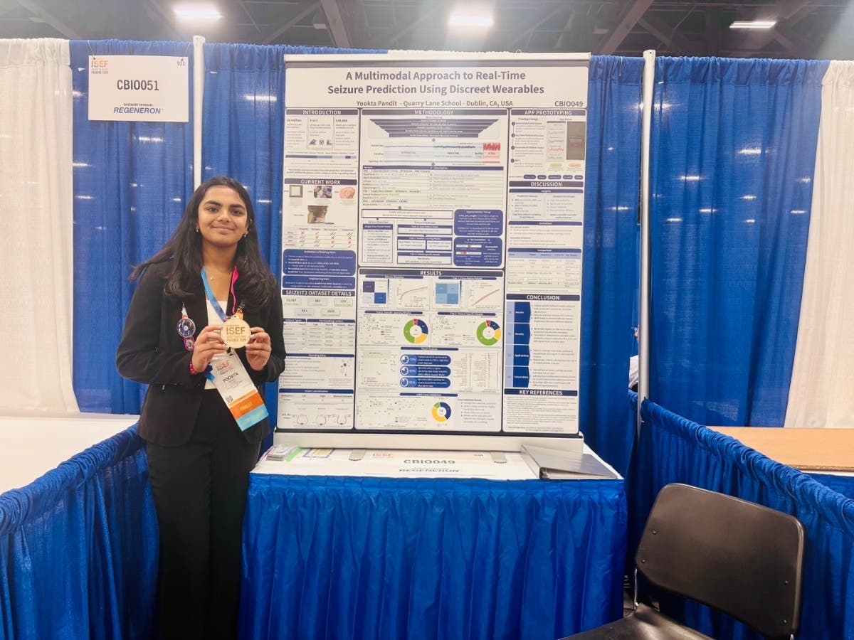 Yookta Pandit won third place and $1200 at Regeneron for creating a wearable system that predicts epileptic seizures.