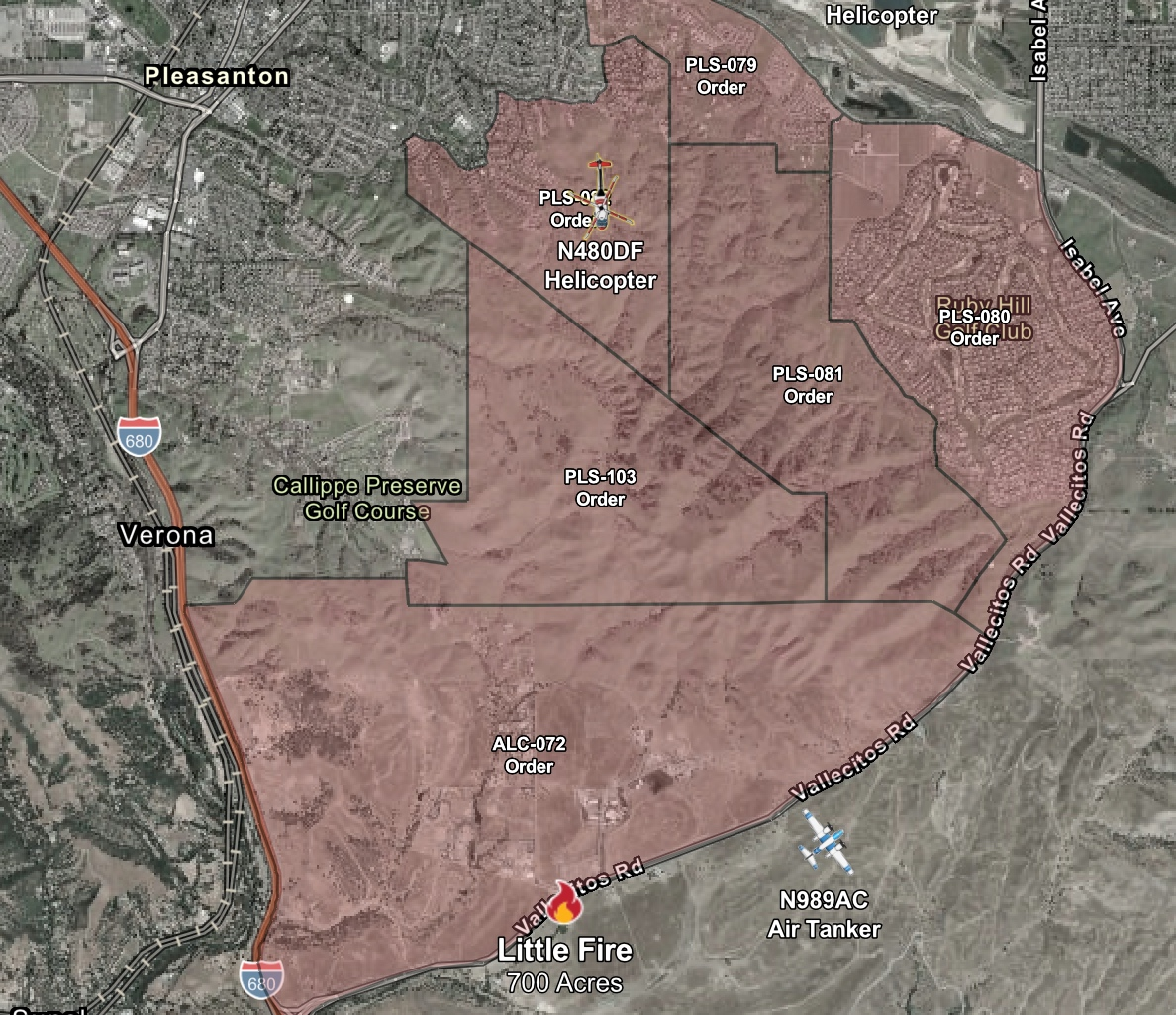 This map shows the mandatory evacuation zones of the Little Fire in red and the evacuation warning zones in yellow as of 6 p.m. Tuesday. Click on the image to view an interactive version of the map that will be updated by Cal Fire.