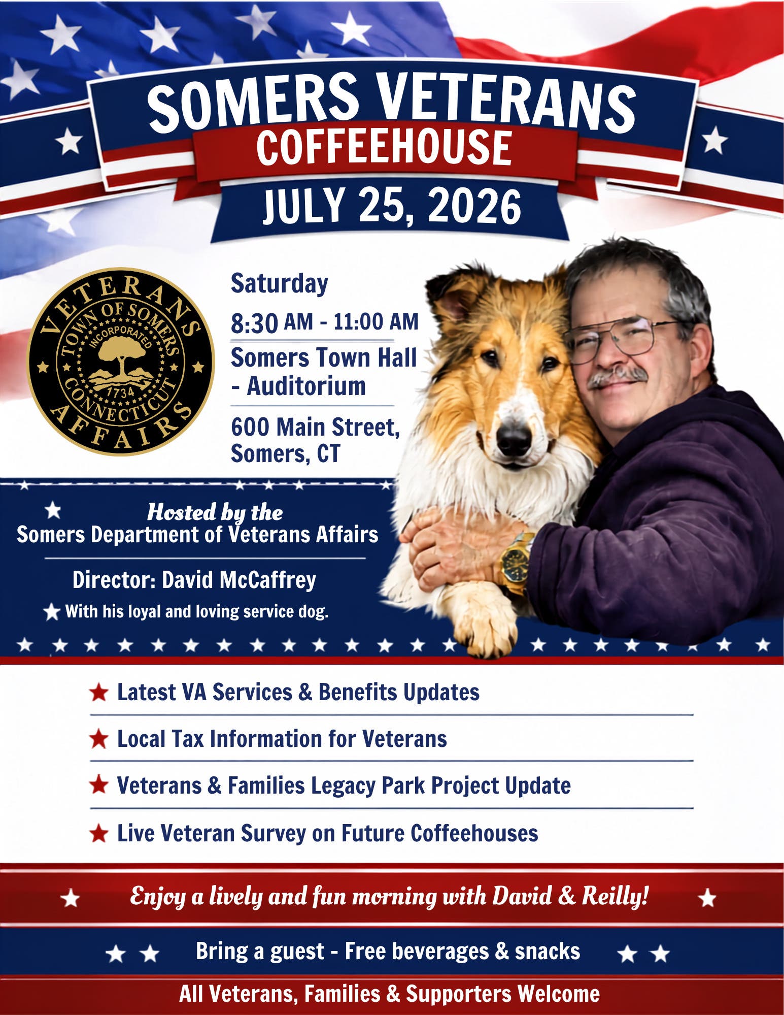 Veterans Coffeehouse Draws Large Audience for Guest Speaker and His Loyal Companion