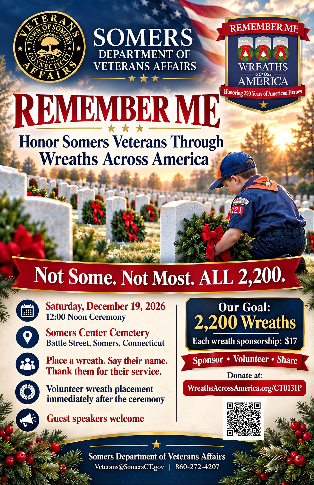 Somers Launches “REMEMBER ME” Campaign to Place Wreaths on 2,200 Veterans Graves