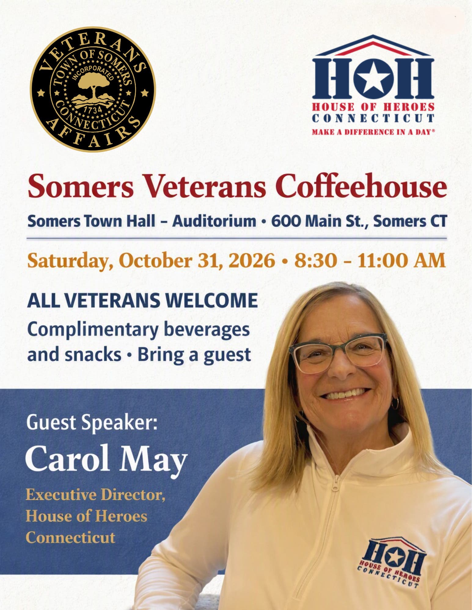 Somers Veterans Coffeehouse Welcomes House of Heroes CT Executive Director Carol May