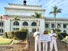 Tai Ji Men dizi hold a sign that reads, “Taiwan Must STOP Abusing Taxpayer’s Human Rights Now!!!” in front of the San Buenaventura (Ventura) City Hall, California on August 15, 2020.