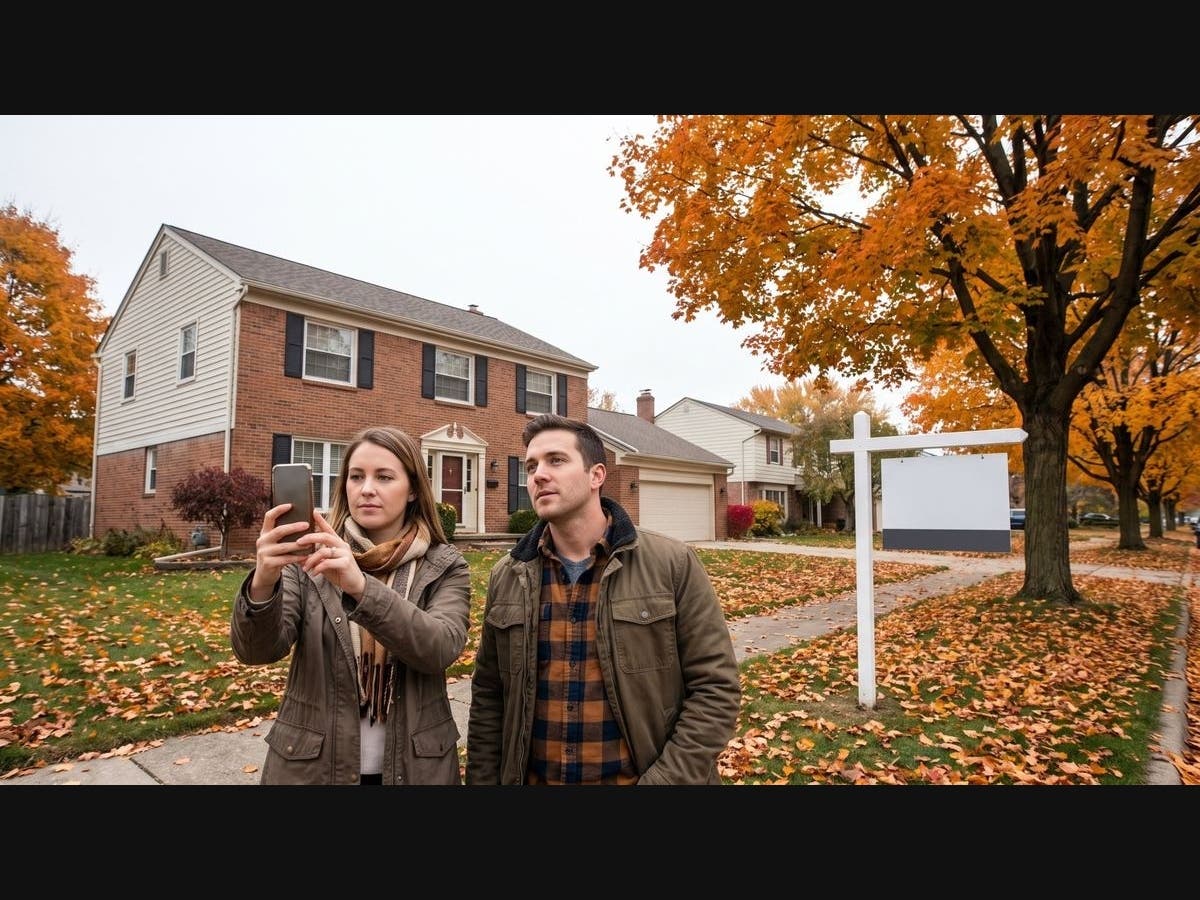 Young couple photographing a brick colonial home with a blank yard sign on a leaf-covered street in Oakland County, Michigan in autumn