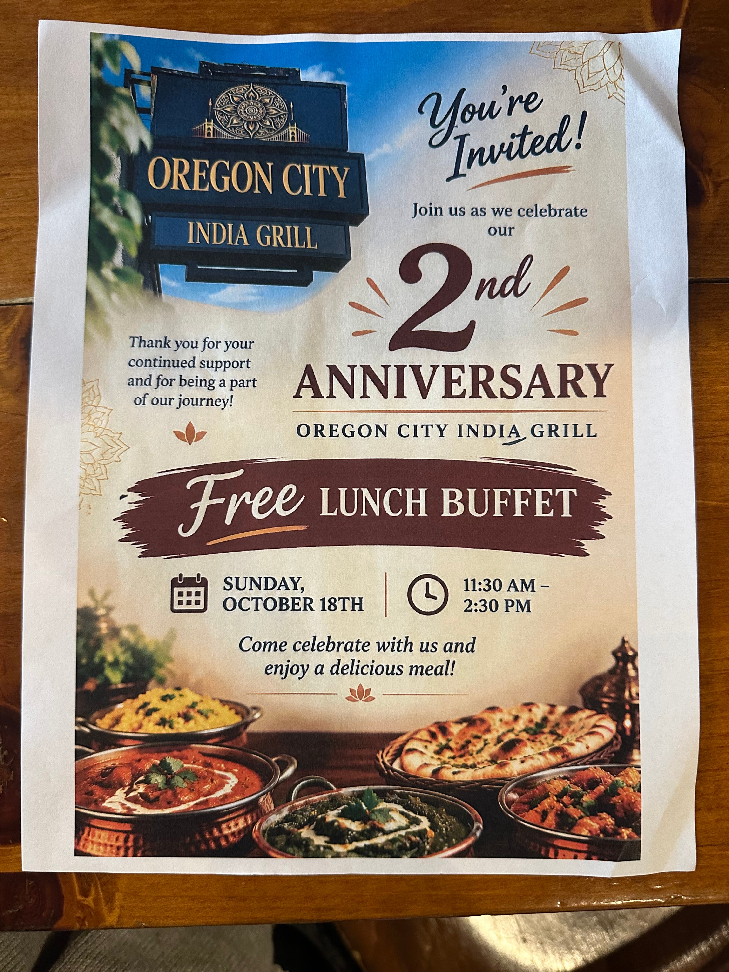 Oregon City India Grill FREE BUFFET