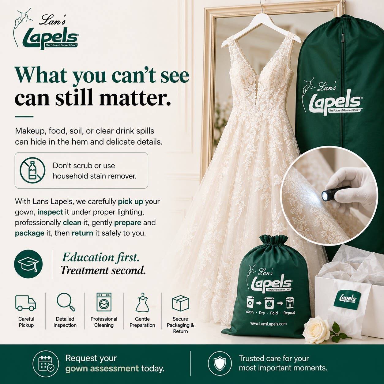 Your wedding gown may look spotless, but what you can’t see can still matter. 🤍