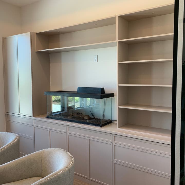 Custom Skinny Shaker Home Office Built‑Ins in Sand Dune on Maple