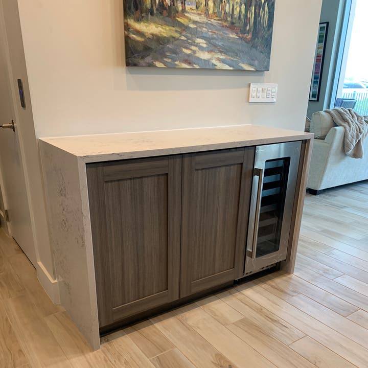 Custom Shaker Dry Bar Cabinet with Wine Fridge & Quartz Waterfall Top