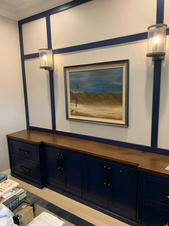 Custom Built‑In Credenza in Navy + Coffee Hardwood Top