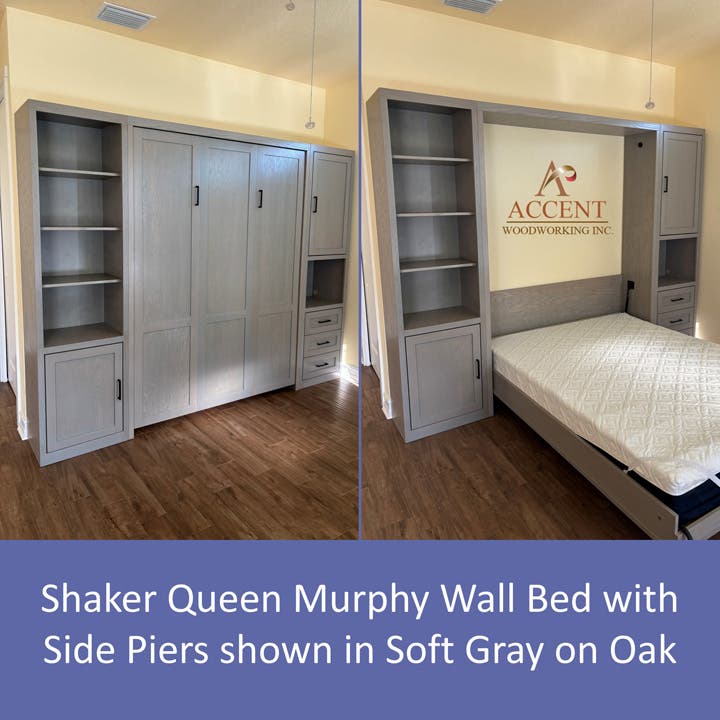 Shaker Queen Wall Bed Upgrade in Soft Gray on Oak