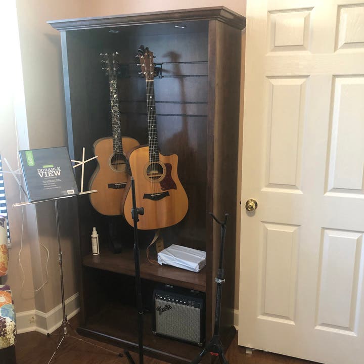 Custom Guitar Cabinet in Red Mahogany on Maple Adds Style to Any Music Room